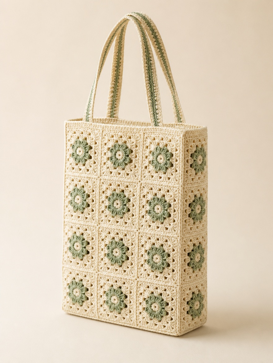 Bolso de cuadrados florales en crema y verde