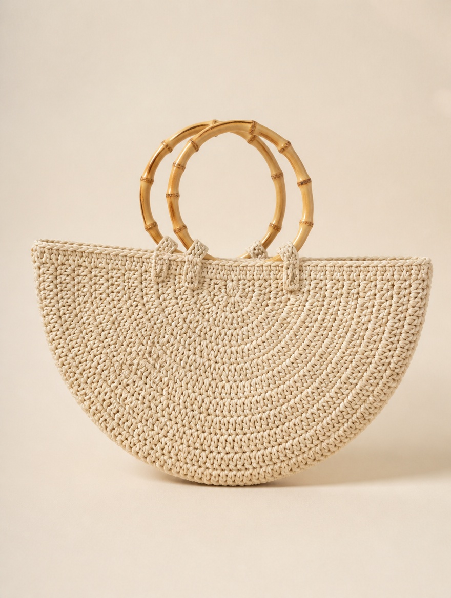 Bolso semicircular de crochet con asas de bambú