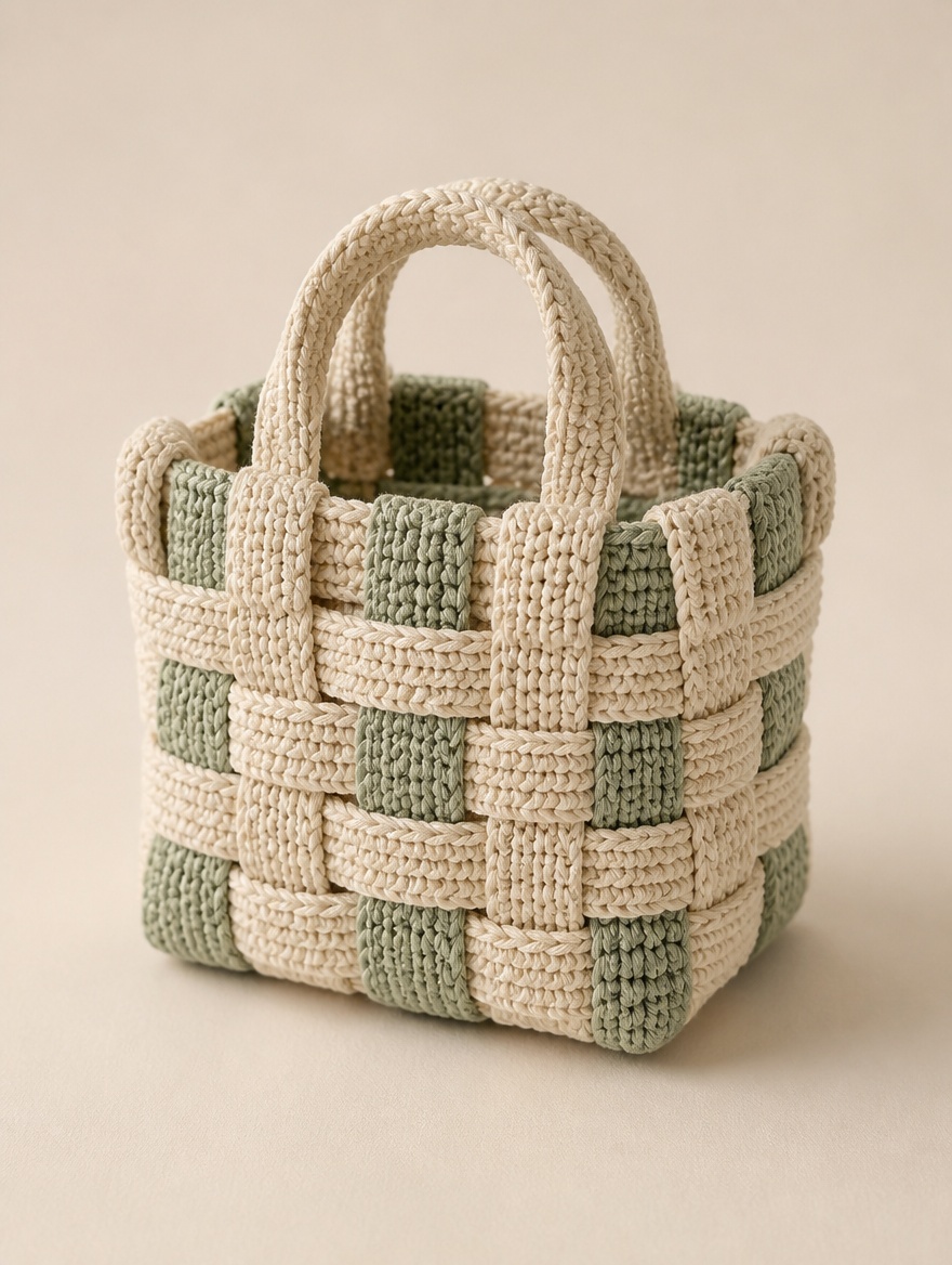 Cesta de tiras entretejidas en verde y crema