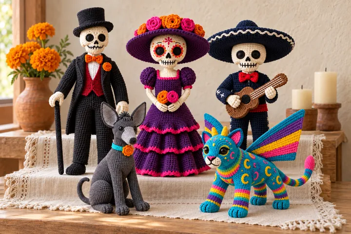 Las cinco figuras de altar juntas: Catrín, Catrina, Mariachi, Xolo y Alebrije