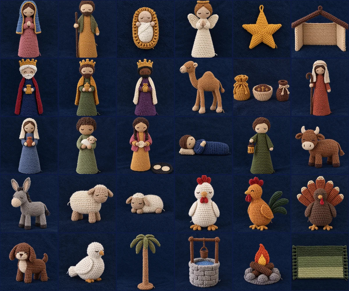 Las 30 figuras del nacimiento: Sagrada Familia, ángel, estrella, portal, Reyes Magos, camello, regalos, pastores, tortillera, Bartolo, animales, palmera, pozo, fogata y tapete de musgo
